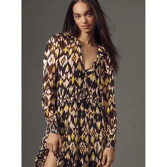NWT ANTHROPOLOGIE Maxi Dress XL The Marais Chiffon Lime Vert Tassels Long Sleeve - Picture 1 of 15
